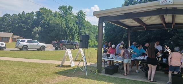group of people eating outside