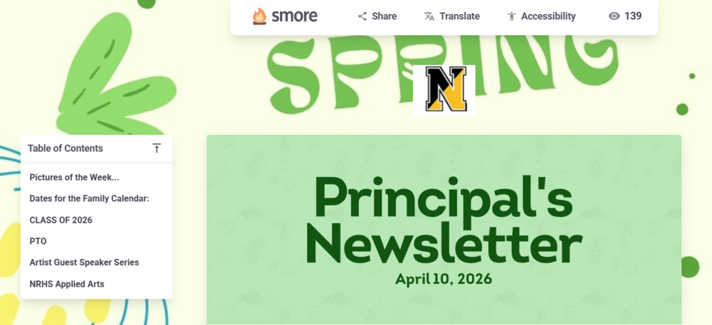 Floral background with text reading Spring Principals Newsletter April 10, 2026 and a table of contents on the left side