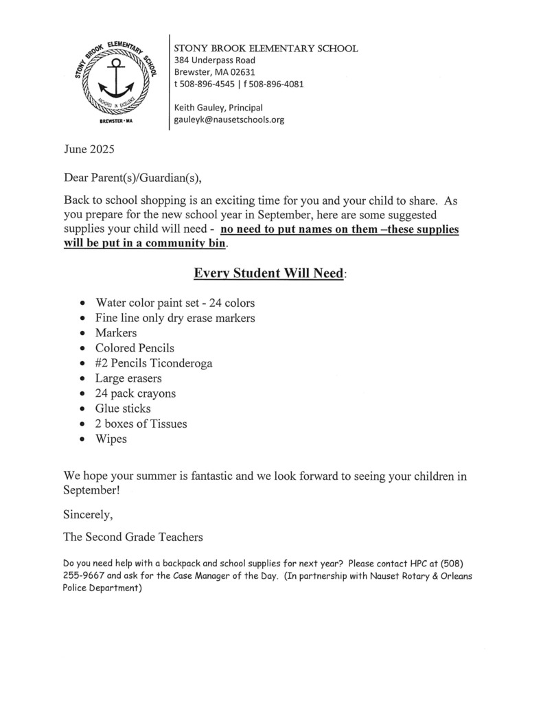 Stony Brook Grade  Supply List
