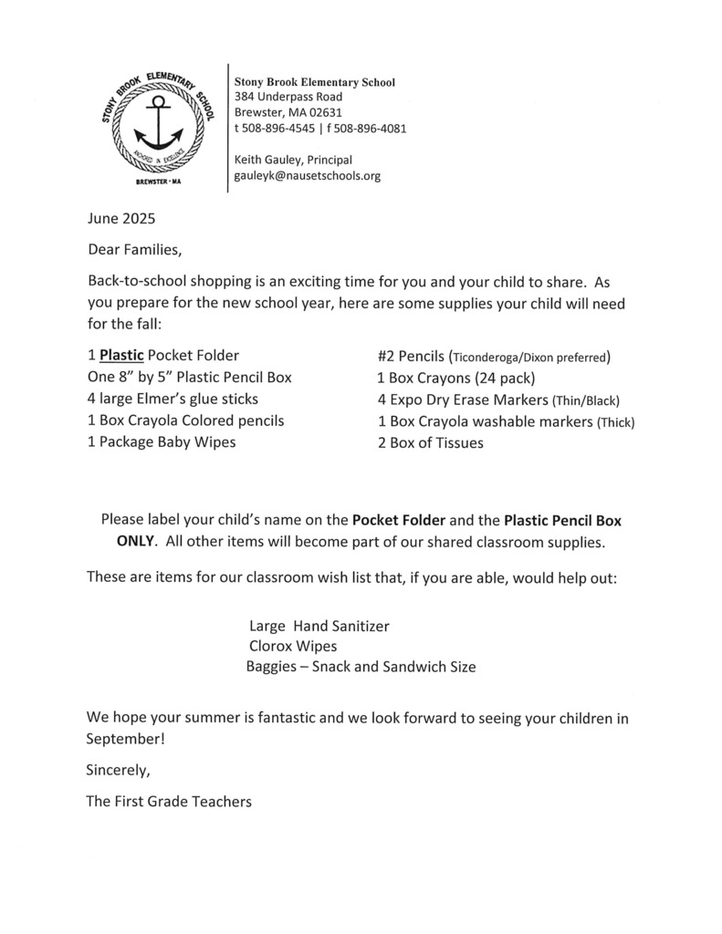 Stony Brook Grade Level Supply Lists