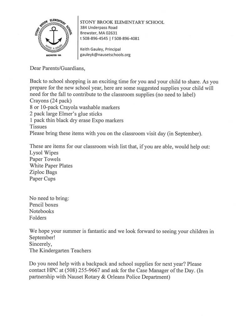 Stony Brook Grade Level Supply Lists