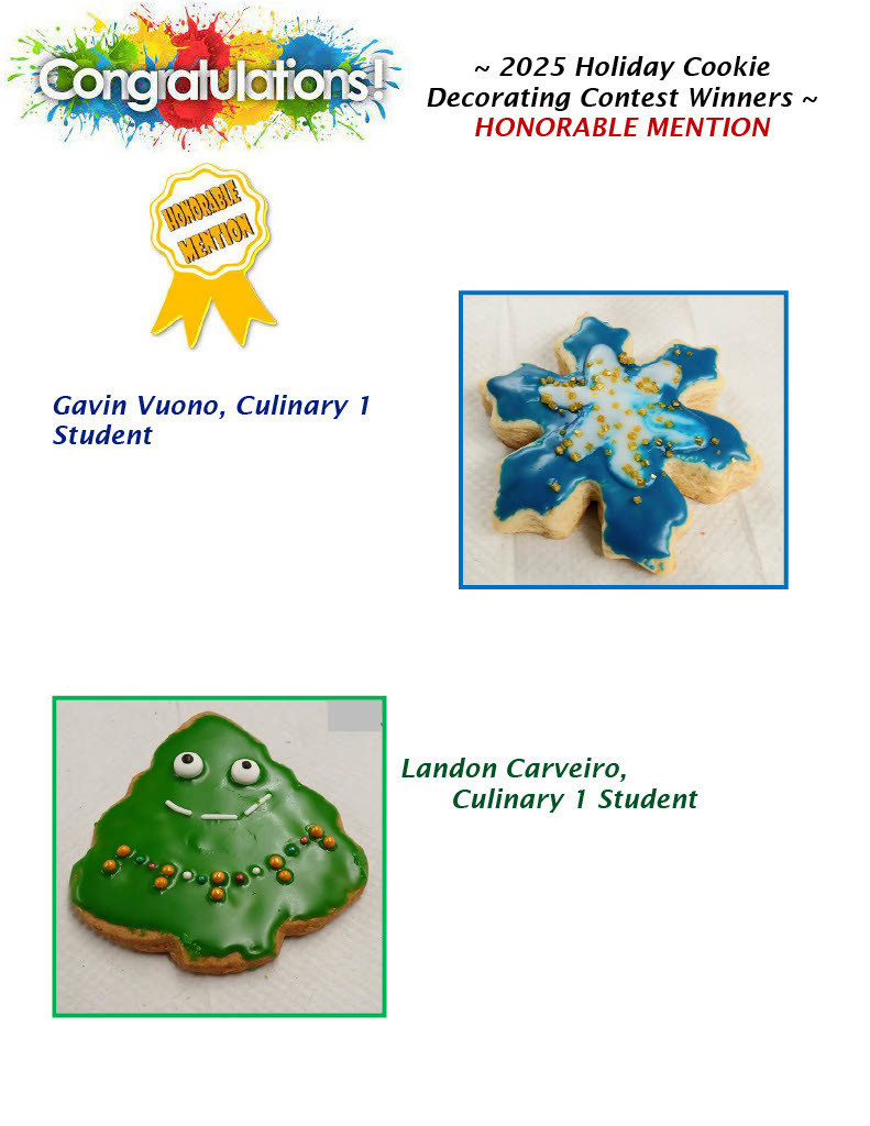Photos of decorated cookie contest honorable mentions; a green tree and a blue star