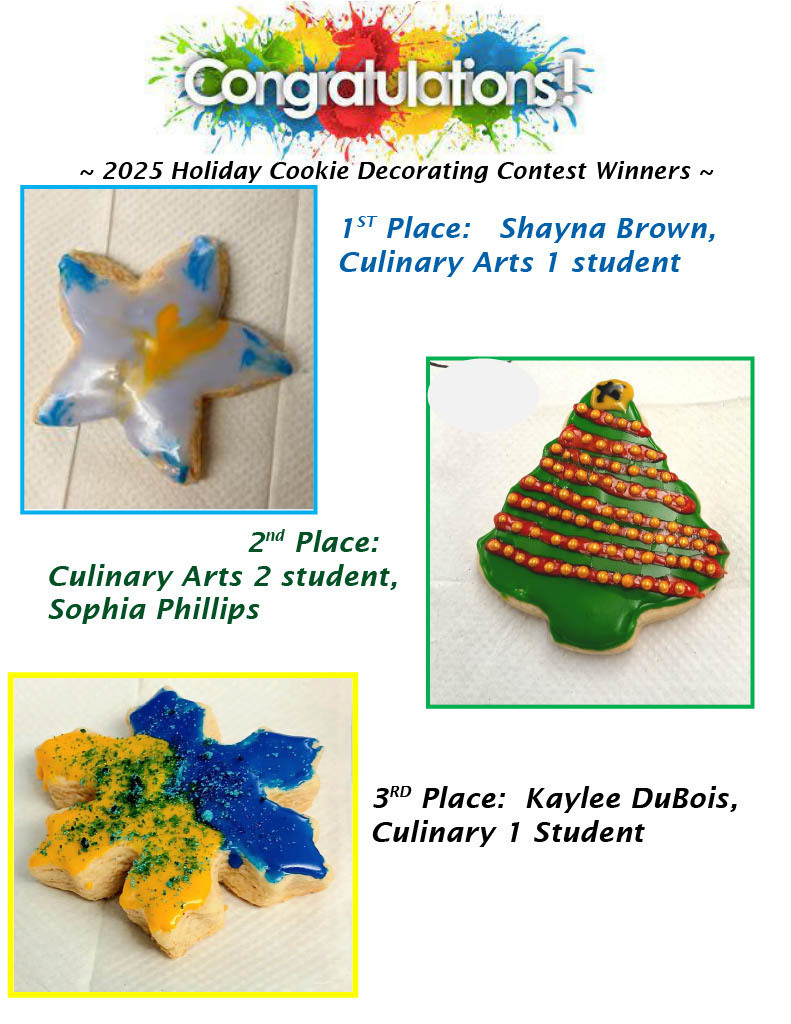Photos of decorated cookie contest winners: 1st place a white, yellow and blue star, 2nd place a green tree with red trimmings, and in 3rd place a yellow and blue star with green sprinkles.