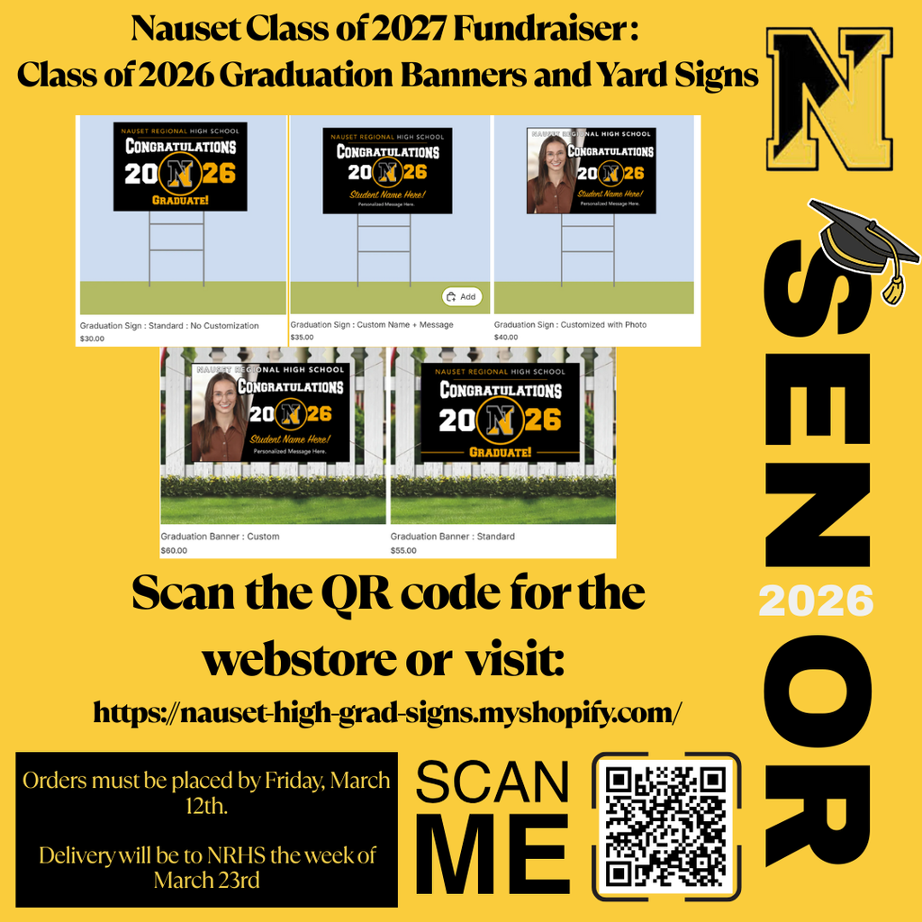 Flyer with graduation yard sale signs and banners containing images and/or names of NRHS Class of 2026 Graduates. 