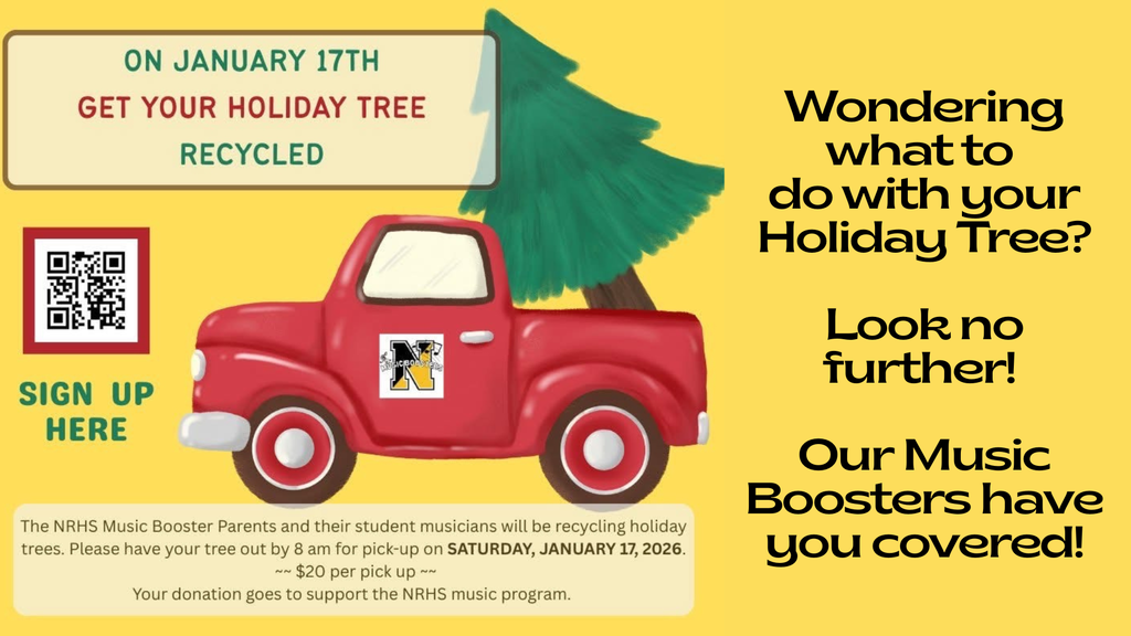 Flyer for tree removal by the Music Boosters. Images of a truck and a tree  with text information and a qr code. 