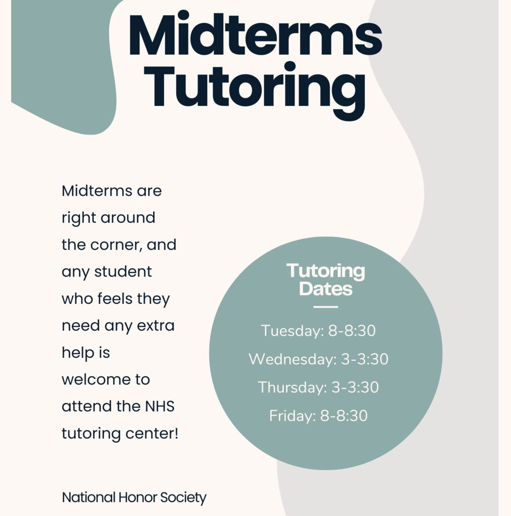 Flyer for NRHS National Honor Society tutoring options in preparation for mid-term exams