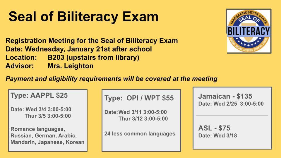 Flyer for NRHS Seal of Biliteracy. Yellow background, blue and gold seal with text that reads Massachusetts State Seal of Biliteracy.