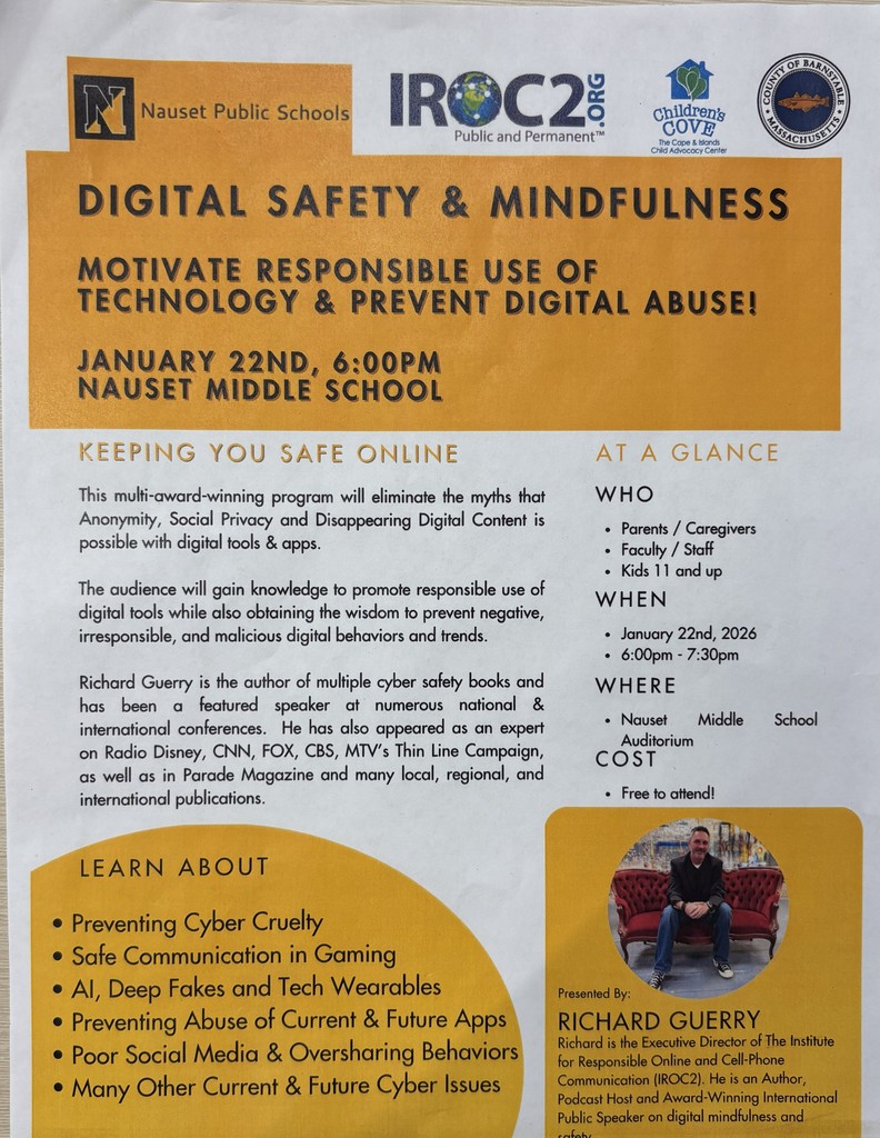 Flyer to invited families to a digital safety and mindfulness program. Flyer contains an image of the presenter, Richard Guerry sitting on a red couch wearing a black shirt and blue jeans. 