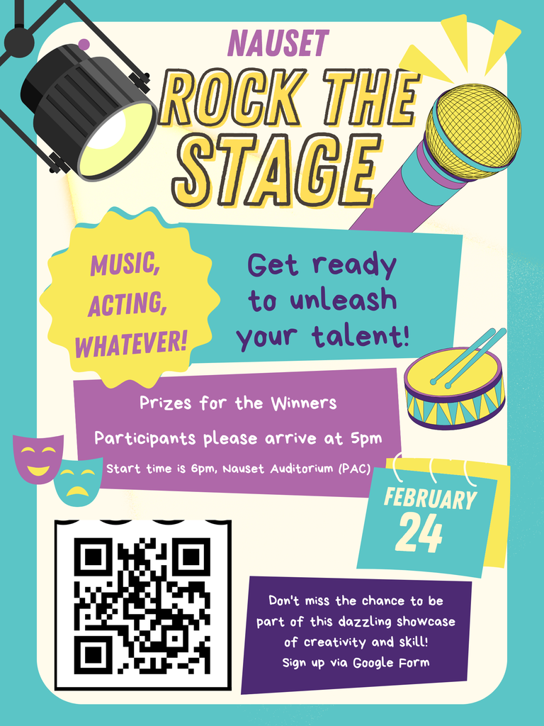 Flier to sign up for Rock the Stage. Images include a purple, yellow, and green microphone, black and yellow stage light, green and yellow drum and drumsticks, and yellow, purple, and green comedy/tragedy masks.