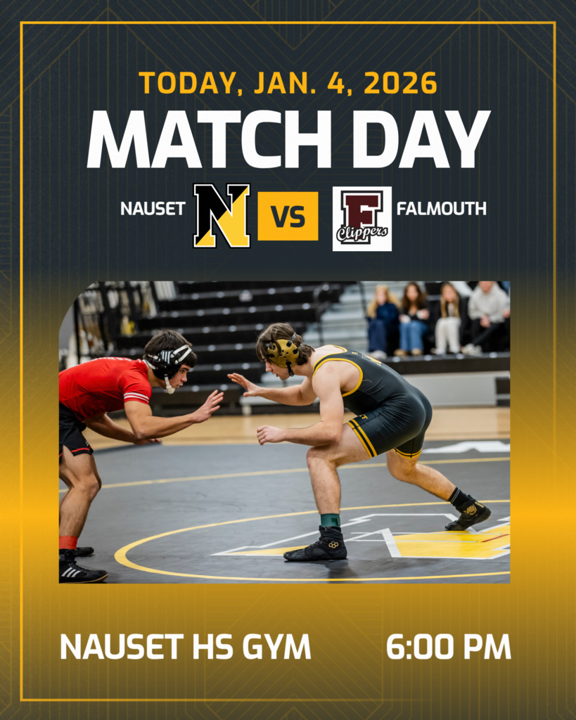 Flier for today's wrestling match showing two students preparing to wrestle in black/gold and red/white wrestling uniforms on a mat in the gym with people watching from the bleachers