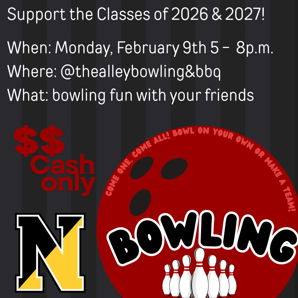 Flier for a bowling fundraiser put on by the Senior and Junior Classes. Images include bowling pins in a triangle, a large red bowling ball behind the pins, the Nauset 'N' logo in black and gold. 