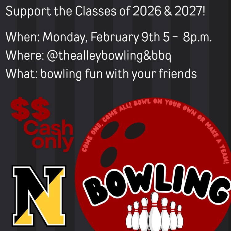 flyer for bowling fundraiser with black & gold N logo, large red bowling ball, and set of bowling pins