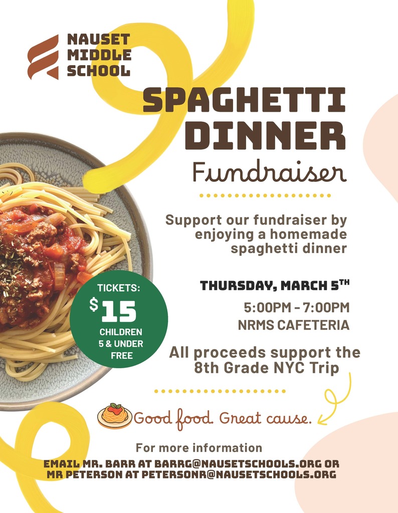 The Spaghetti Dinner Fundraiser has an image of a plate of pasta and information on the event.