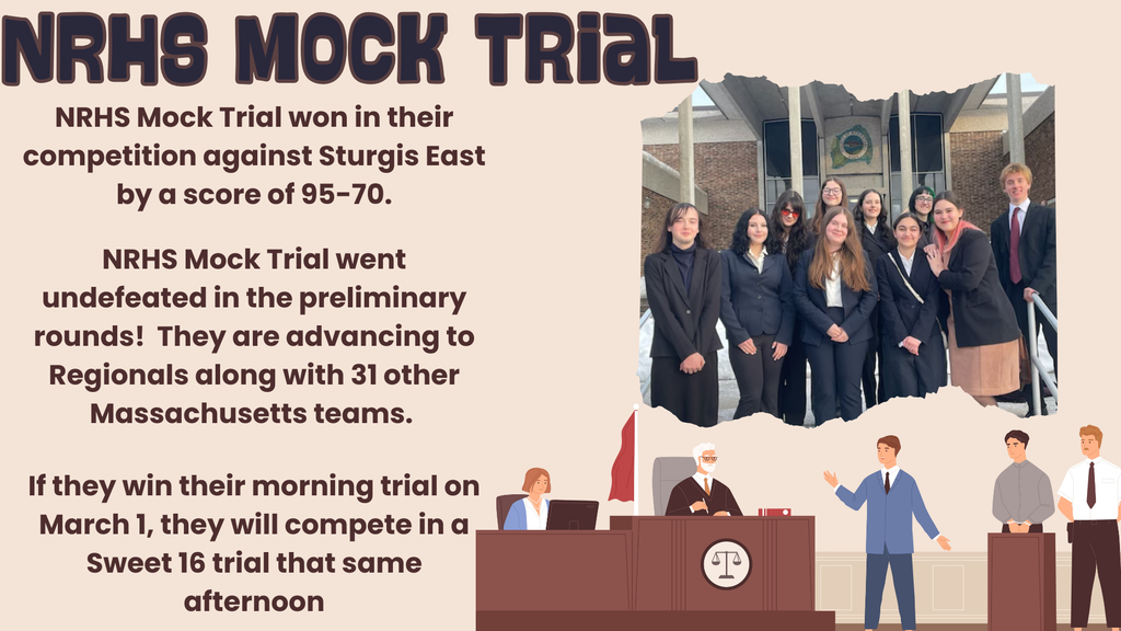 Flier for NRHS Mock Trial results with images of a judge, court reporter and attorneys along with a photograph of our mock trial students