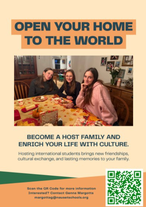 Flier seeing host families for exchange students. Image is three students at a dining room table with a yellow tablecloth that has orange and red leaves. 