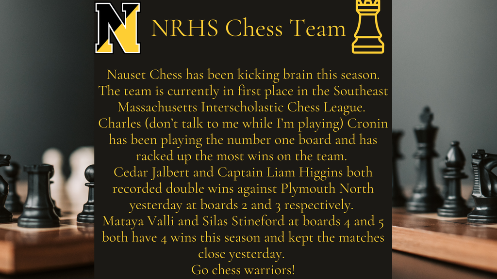 Image with black and white chess pieces on a wooden board with text in the center reporting on our Chess Team's accomplishments
