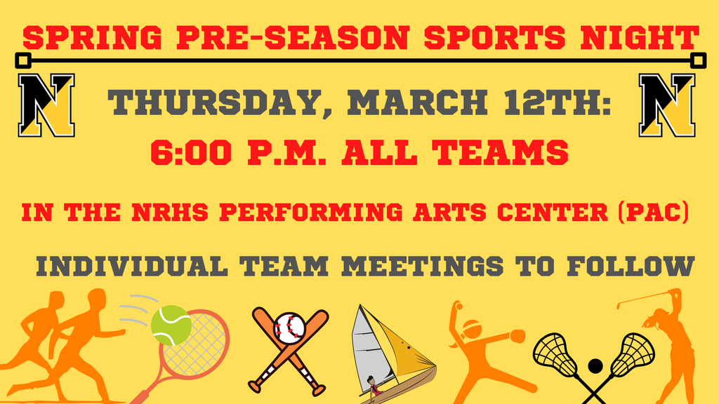 Flier for the Pre-Season Spring Sports meeting with icon images of each spring sport - track, tennis, baseball, sailing, softball, lacrosse, and golf