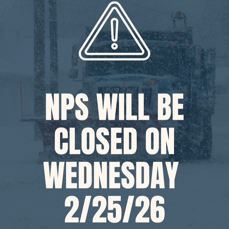 blue background with warning triangle announcing no school for Wednesday, 2/25/26
