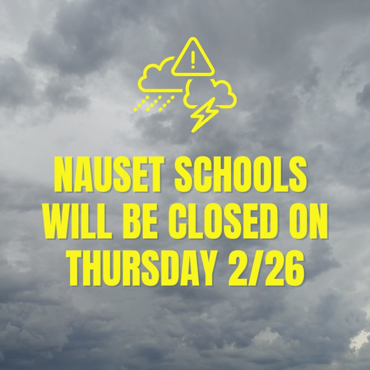 image with storm clouds and a caution triangle announcing school is closed Thursday, 2/26 
