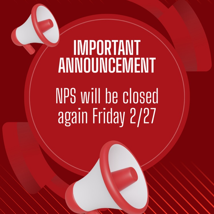 red image with white megaphones announcing no school Friday, 2/27