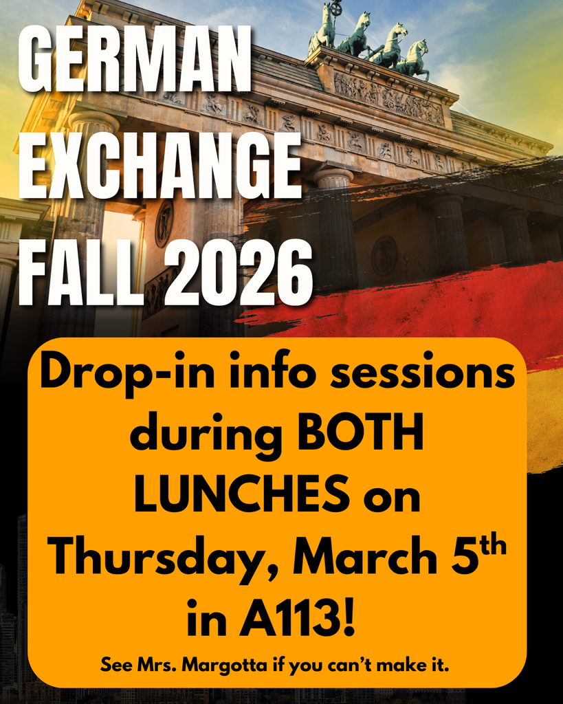 Flier for German  Exchange with a historic German building in the background and a large orange box containing informational text