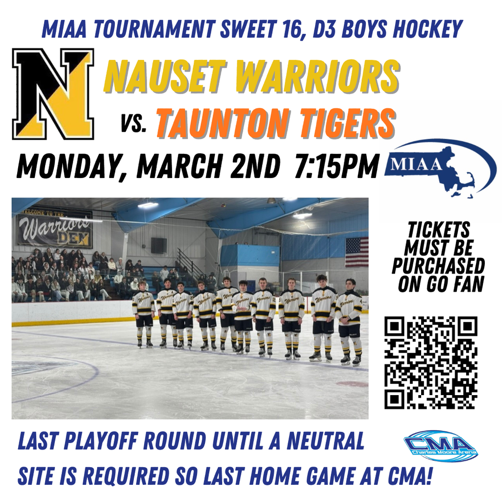Photo of the NRHS Boys Hockey Team on the ice in their white, black, and gold uniforms with fans in the stands watching the game. There is a black and white QR code to scan to purchase tickets for the game.