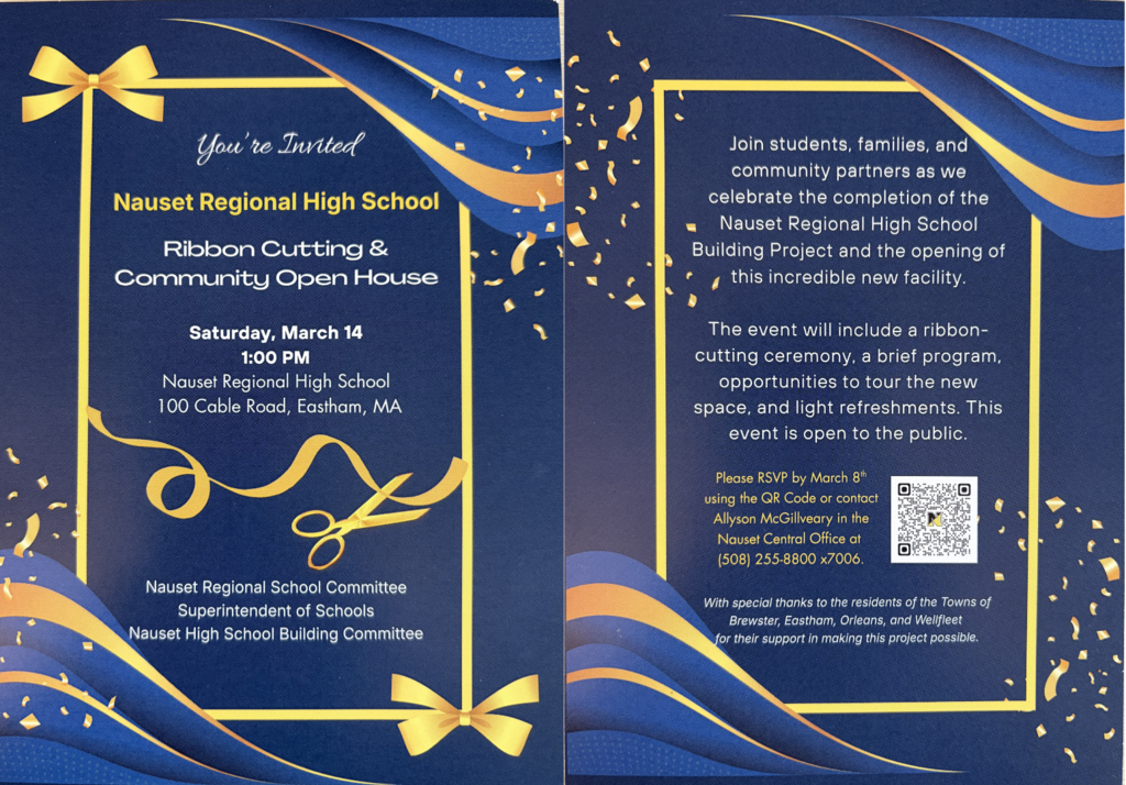 Flyer with blue background, gold & blue ribbons, and gold confetti with text containing information about the Grand Opening