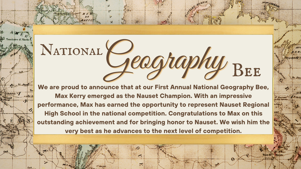 Flier with an old map in the background in peach and blue with a white text box outlined in gold containing text about the National Geography Bee