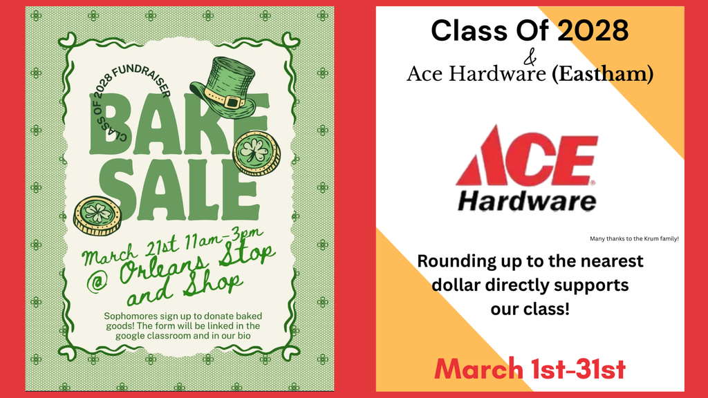 Two fliers for the Sophomore Class - one is a green background with a green tophat & coins with Bake Sale information. The other is a yellow and white stiped flier with red ACE lettering for their hardware store fundraiser. 