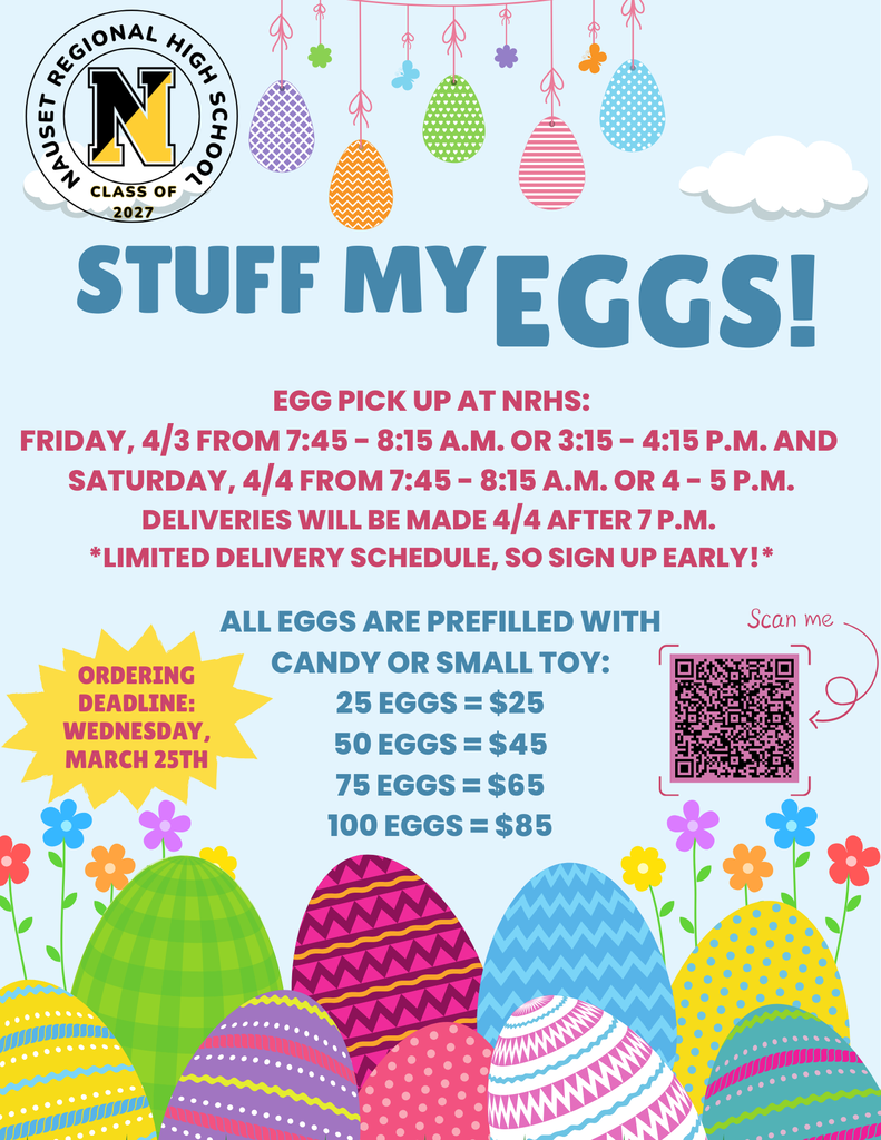 Blue flier with colorful eggs , small flowers, and white puffy clouds advertising a Junior Class Egg Stuffing Fundraiser 