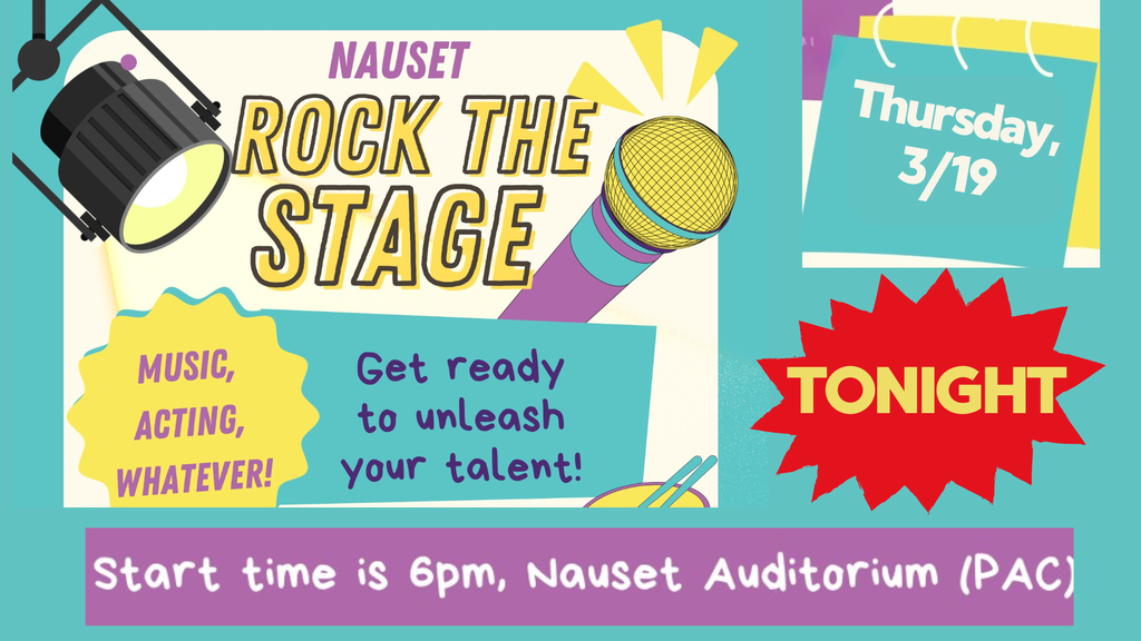 Flier with stage lights, a microphone, and teal, yellow, and purple artwork for tonight's Rock the Stage show 6 p.m.  at the NRHS PAC
