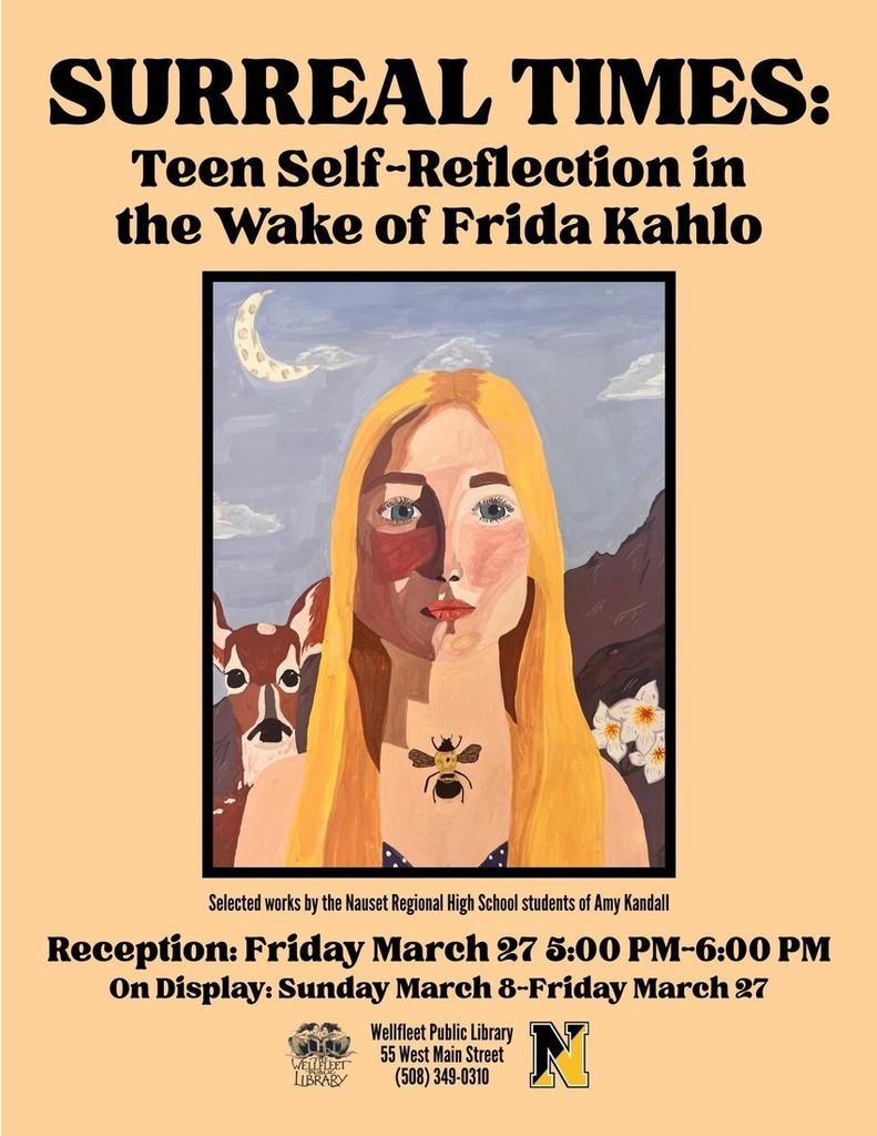 Yellow flier with a portrait of a woman with blond hair, a yellow and black bee, white and orange daffodils, and a brown deer. Text announces the Art show on display through March 27th and Reception on March 27th from 5-6 p.m.