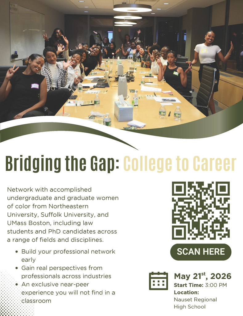Flier with an image of women around a conference table with a bottom section in white, gold, and green providing information about a networking opportunity for students to meet undergraduate and graduate women of color on May 21st at 3 p.m. held at Nauset Regional High School 