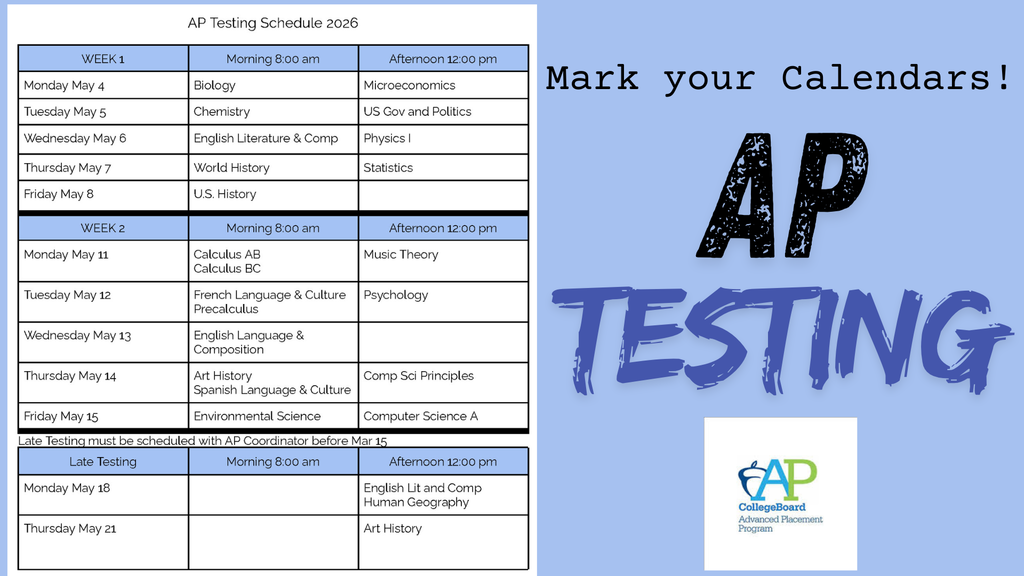 Purple flier with the AP College Board acorn logo and a list of AP testing dates and times