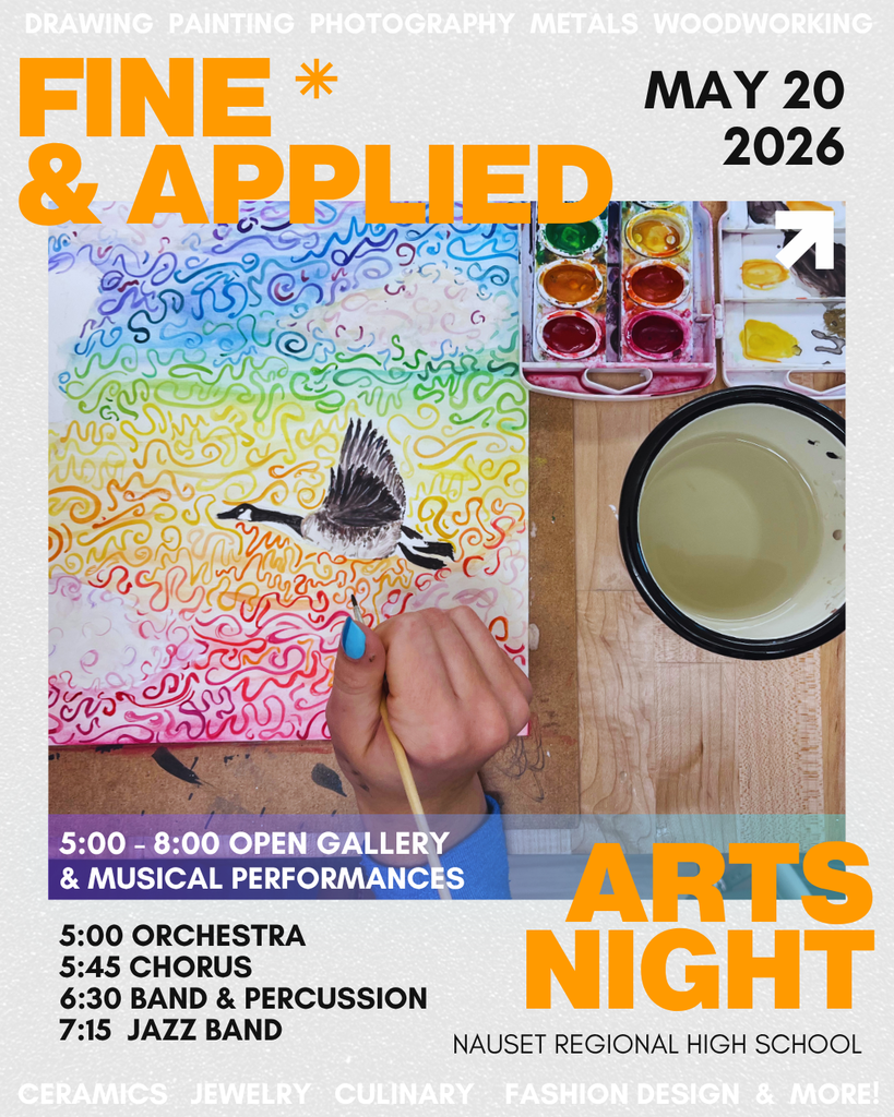 Flier promoting Fine & Applied Arts Night May 20th from 5 - 8 p.m. image of a person painting a Canada Goose and abstract sky