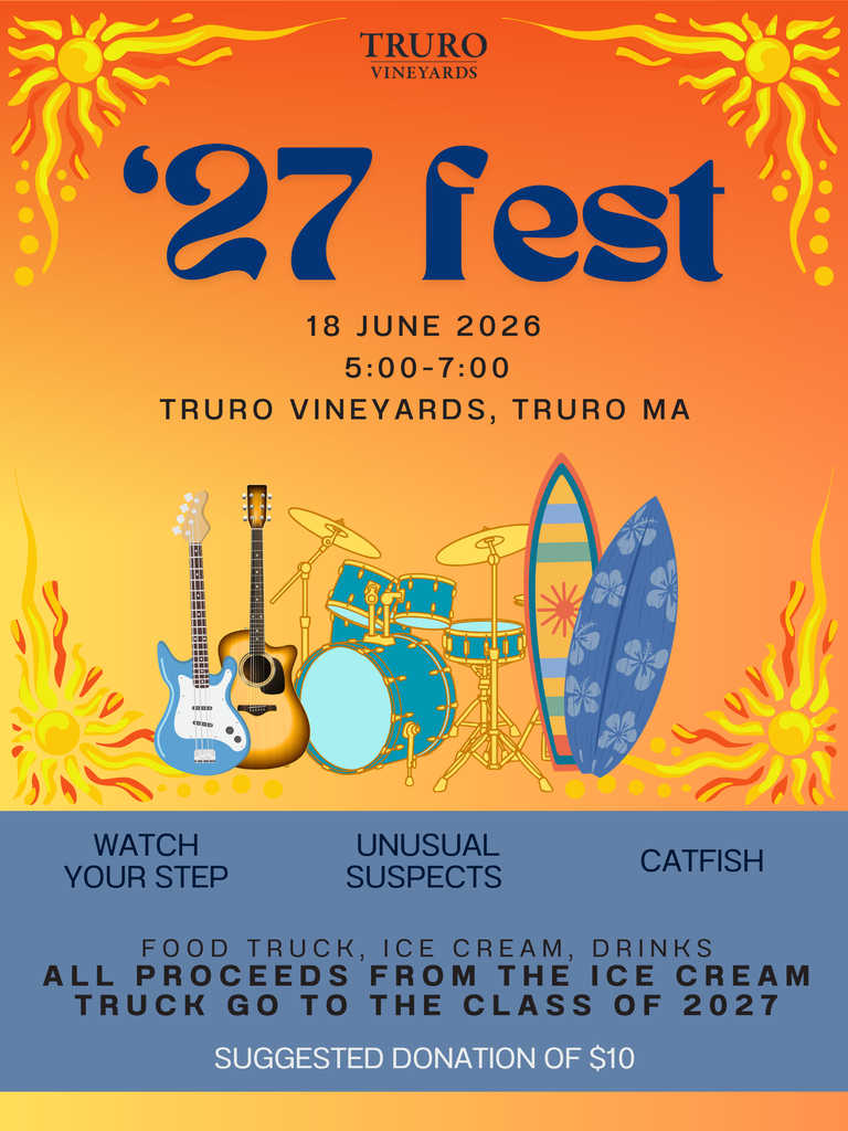 Flier for music fest at Truro Vineyards. Orange background with blazing sun graphics, guitars, drums, and surfboards. Three bands will play on June 18th from 5-7 p.m.