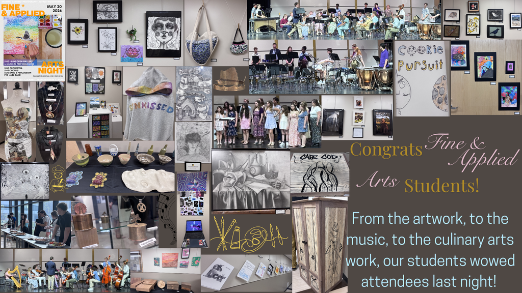 collage of images of NRHS student artwork - photography, painting, jewelry, woodworking, ceramics, culinary arts, and musical arts