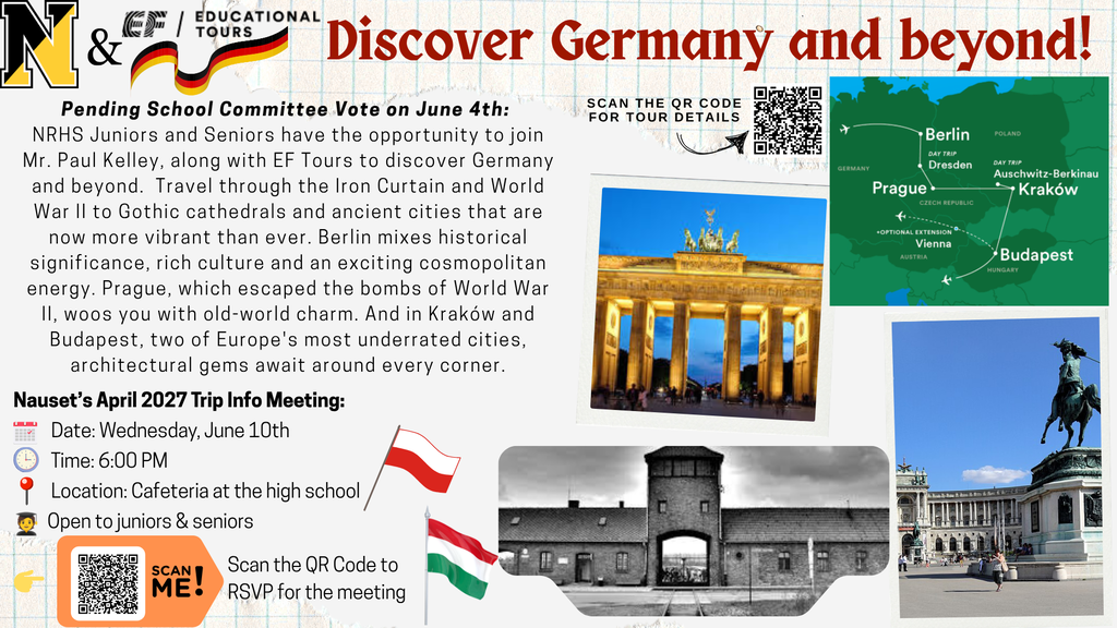 NRHS Trip to Germany, Poland, Hungary in April 2027 Informational Meeting on 6/10 at 6 p.m. in the Cafeteria. Images show Auschwitz, German Arch, and Hungarian Castle with statue