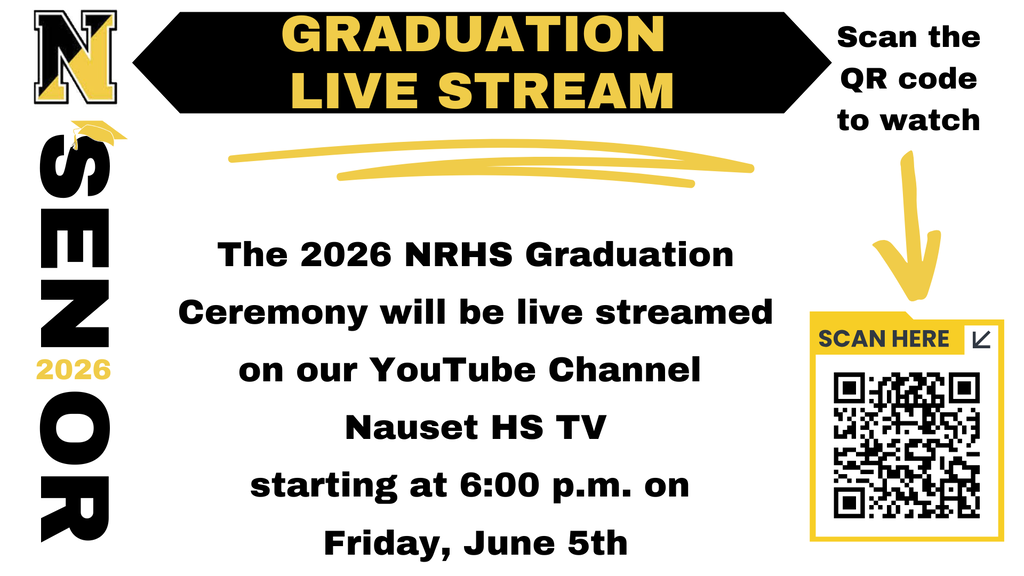 Flier with a QR code to view the 2026 NRHS Graduation ceremony on Friday, June 5th at 6 p.m.