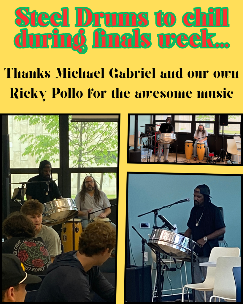 Images of Michael Gabriel, steel drum musician, and Ricky Pollo - Physics teacher and drummer playing for students at NRHS