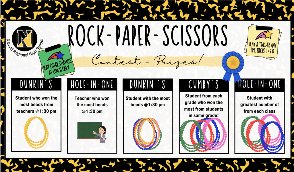 Flyer showing prizes for the lunch games - gift card prizes to Dunkin, Hole in One, and Cumby’s