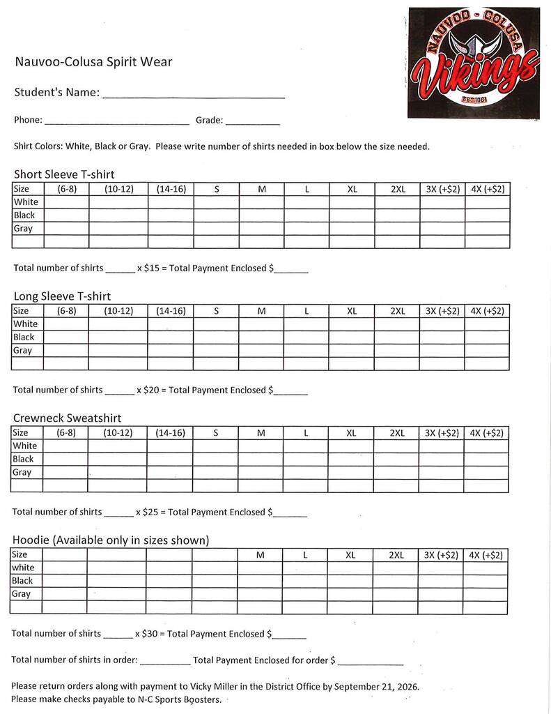 2026 Viking Shirt Order Form