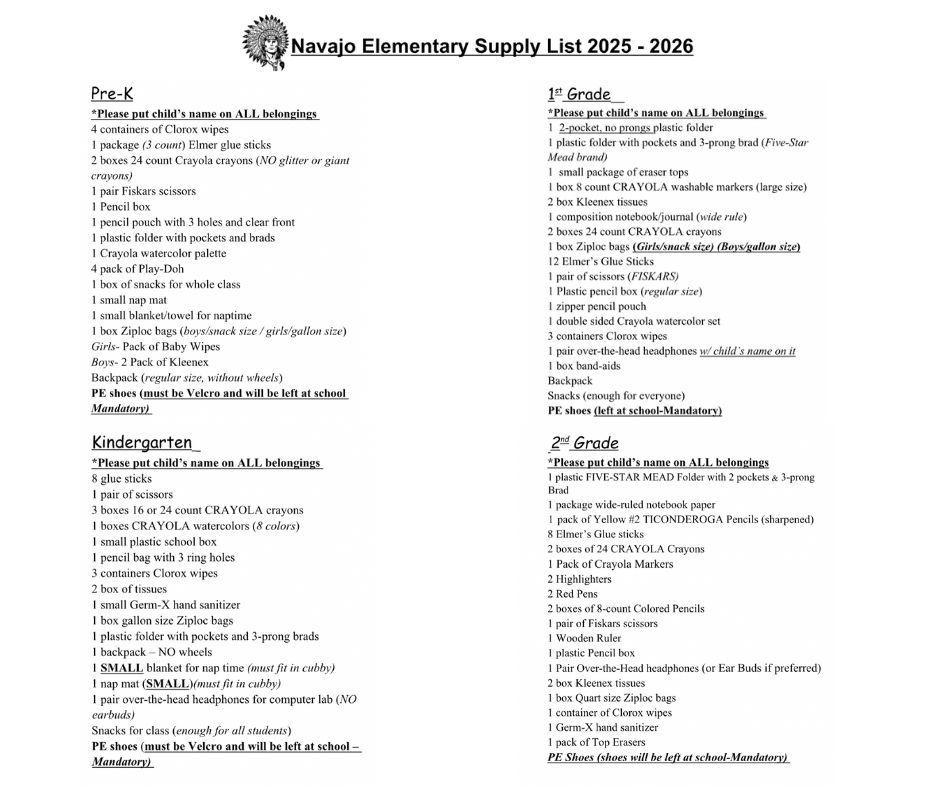 Back to school supply list