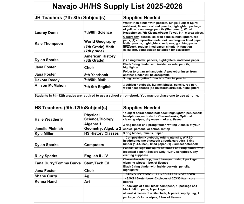 JH/HS Supply List