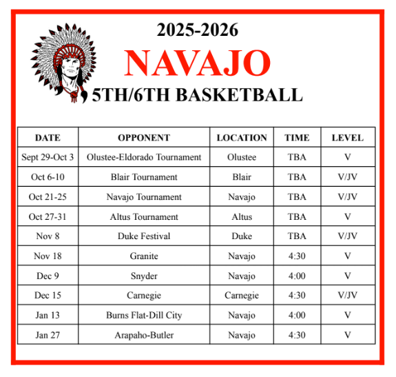 Updated Elementary basketball schedule. This now includes Jan 13 @ Navajo 4:30 Varsity game and Jan 27 @ Navajo 4:30 Varsity game.