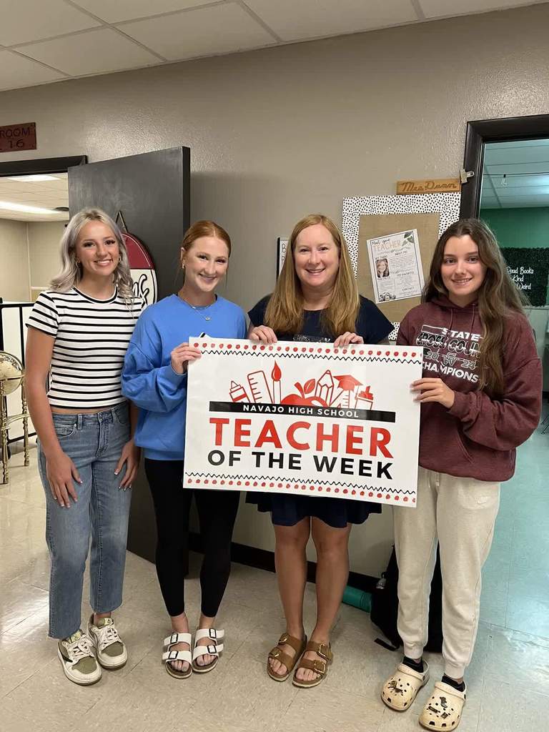 Navajo Student Coucil would like to say CONGRATULATIONS to our Jr. High/High School Teacher of the week, Mrs. Dunn. Mrs. Dunn has taught for 18 years and her favorite thing about Navajo is the small community feel…everyone knows everyone and they work together to raise these kids! She received a White Buffalo card donated by Wichita Insurance and will have a sign displayed outside her classroom for a week! Thank you for all you do! WE APPRECIATE YOU! GO TRIBE!