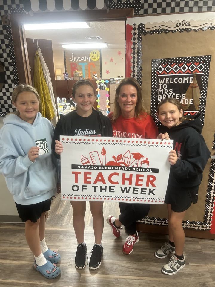 Navajo Elementary Ambassadors would like to say CONGRATULATIONS to our Elementary Teacher of the week, Mrs. Bryce Mrs. Bryce has taught for 24 years and her favorite thing about Navajo is the atmosphere of our school - Family - Community- God! She is truly grateful and blessed to be at NES! She received a Starbucks gift card donated by Jennifer Crabb and will have a sign displayed outside her classroom for a week! Thank you for all you do! WE APPRECIATE YOU! GO TRIBE! ❤️🖤🤍