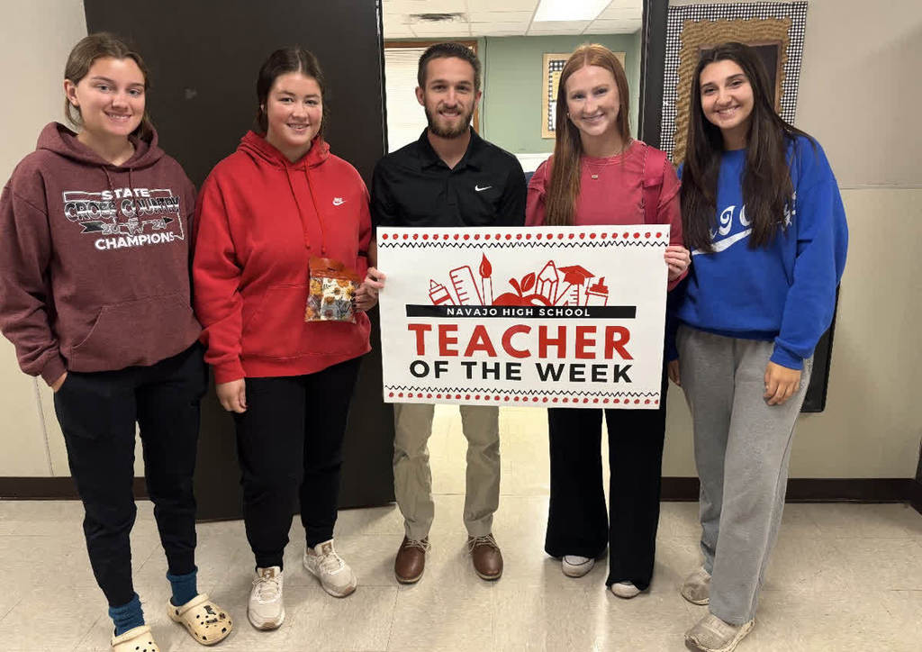 Navajo Student Coucil would like to say CONGRATULATIONS to our Jr. High/High School Teacher of the week, Coach Reedy. Coach Reedy has taught for 4 years and his favorite thing about Navajo is the family atmosphere and the welcoming feeling he has had coming here! He received a Just Brew It gift card donated by Wichita Insurance and will have a sign displayed outside his classroom for a week! Thank you for all you do! WE APPRECIATE YOU! GO TRIBE! ❤️🖤🤍