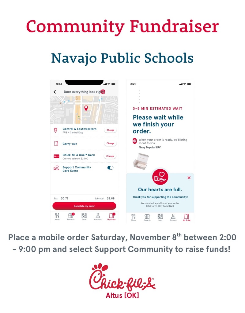 🐔📣 Today’s the Day! 📣🐔 Support Navajo Public Schools by placing a mobile order through the Chick-fil-A App at the Altus location today between 2:00–9:00 PM!  ✅ Select “Support Community Care Event” in the app at checkout ✅ Pick up your meal ✅ Enjoy dinner while supporting our students! ❤️  Every qualifying order helps raise funds for our school—thank you for being part of our amazing community! 💙