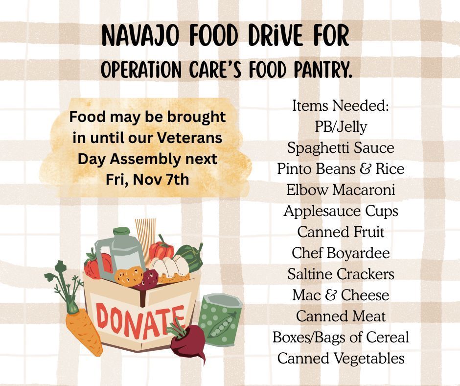 brown and white plaid background with a box of food and explanation of the food drive